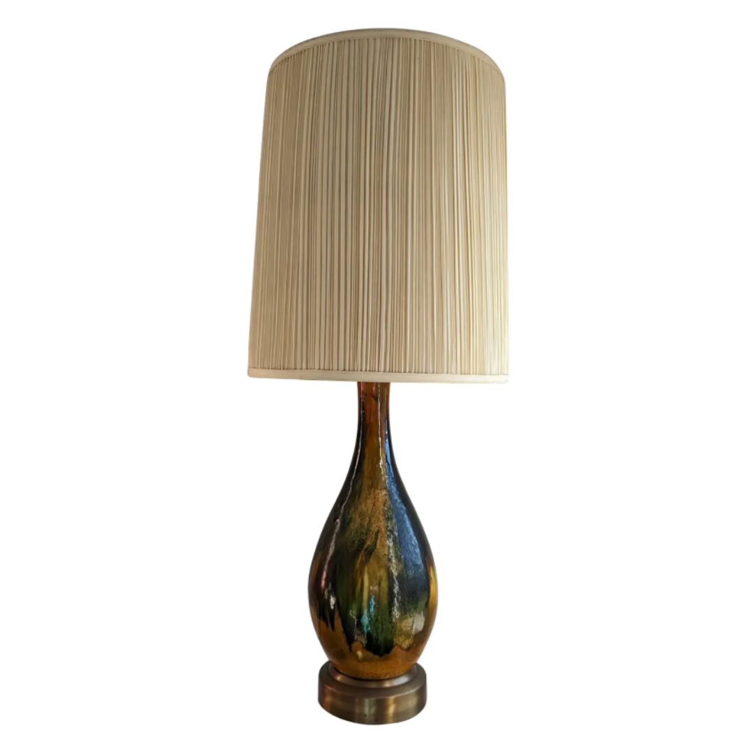 Green & Gold Midcentury Drip Glazed Table Lamp