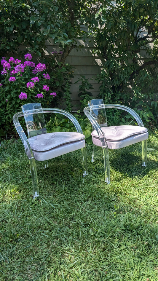 Lucite Velvet Upholstered Waterfall Armchairs