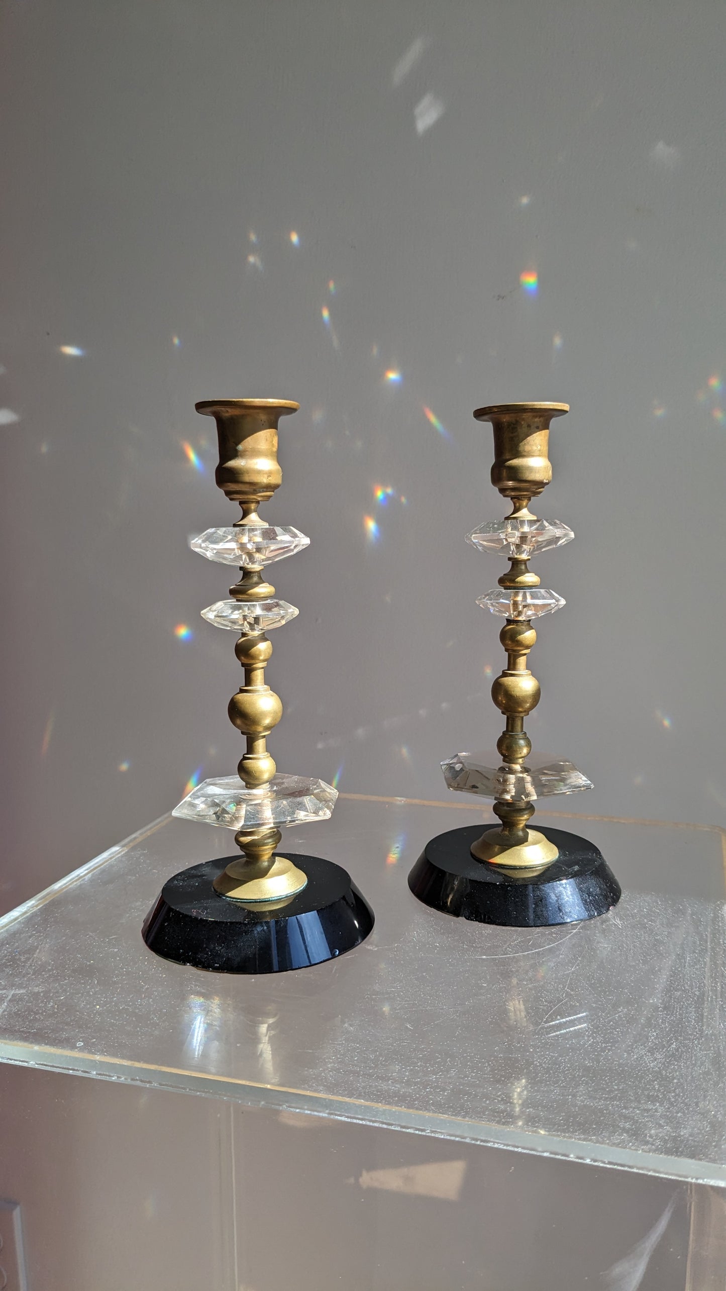 Glass & Brass Faceted Candleholders