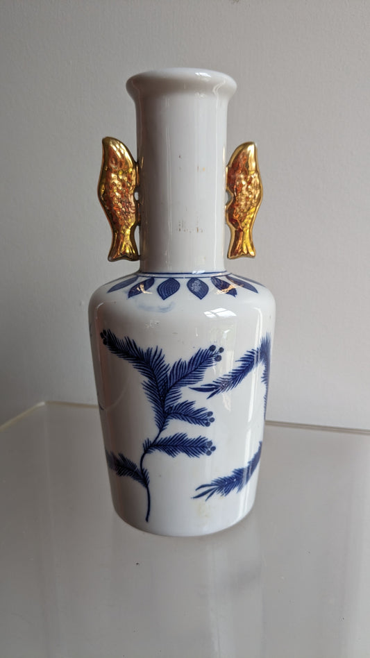 Porcelain Japanese Vase with Gold Koi Fish Handles