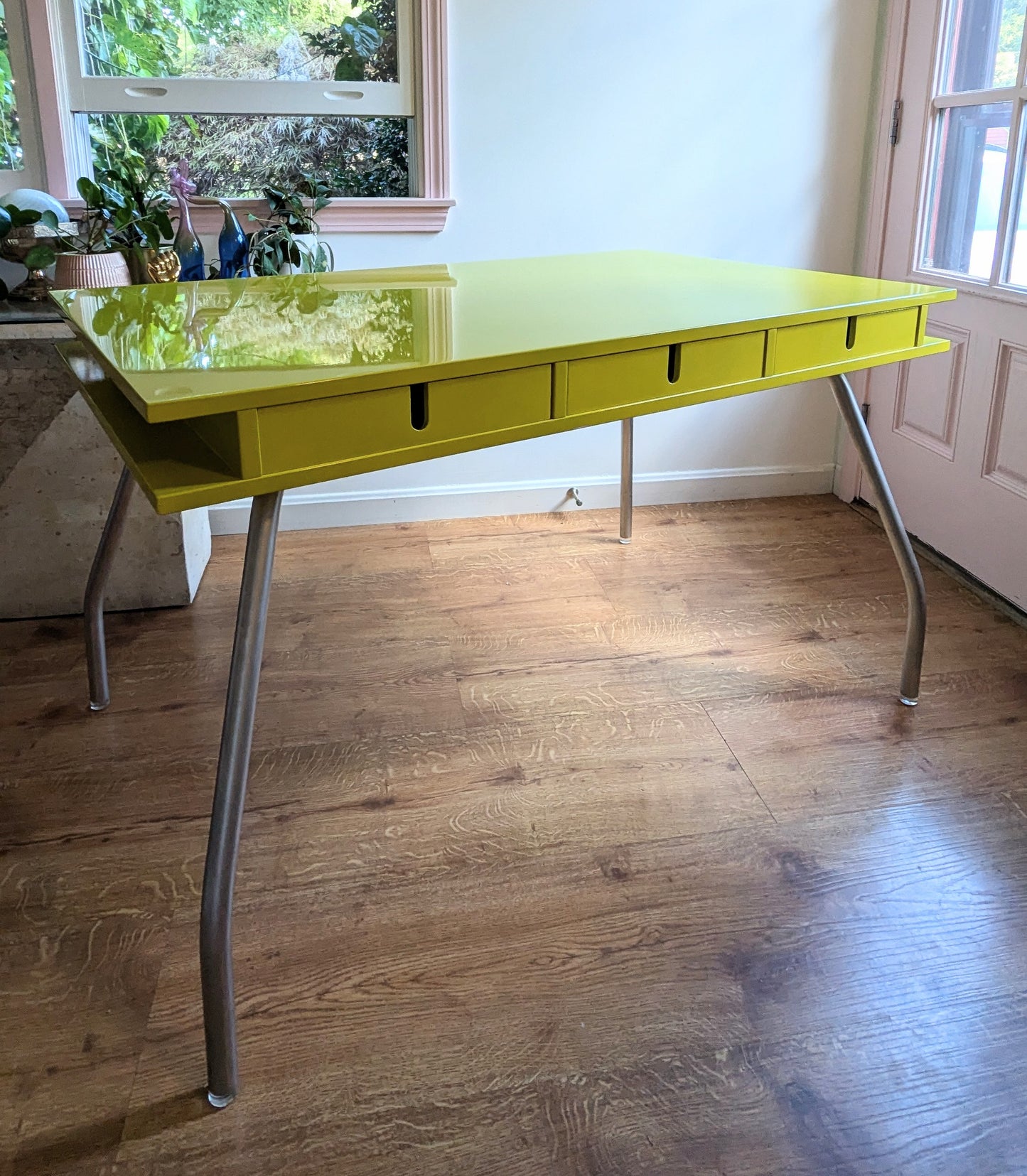 Design Within Reach Yellow Lacquer Desk with Tubular Legs