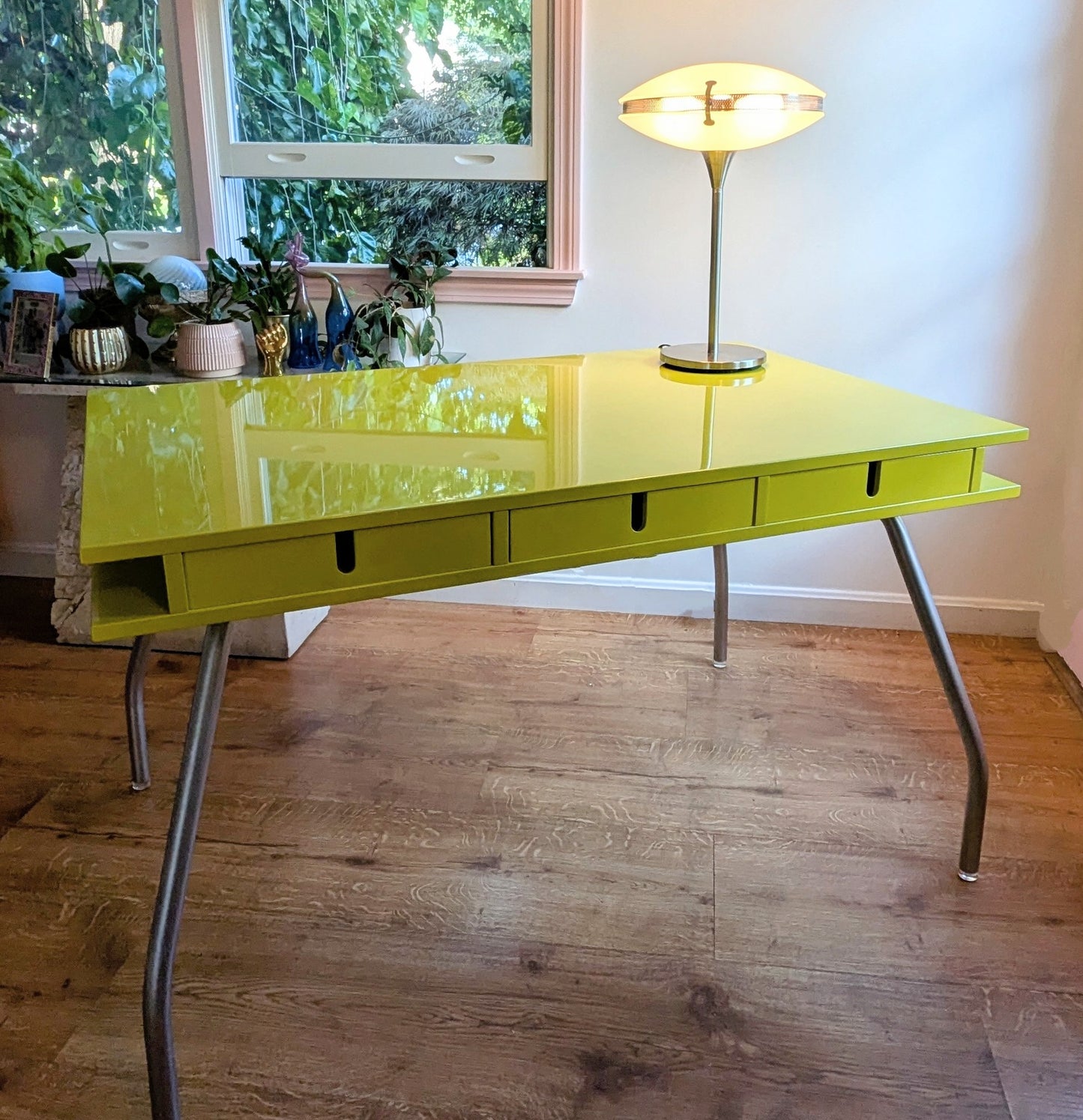 Design Within Reach Yellow Lacquer Desk with Tubular Legs