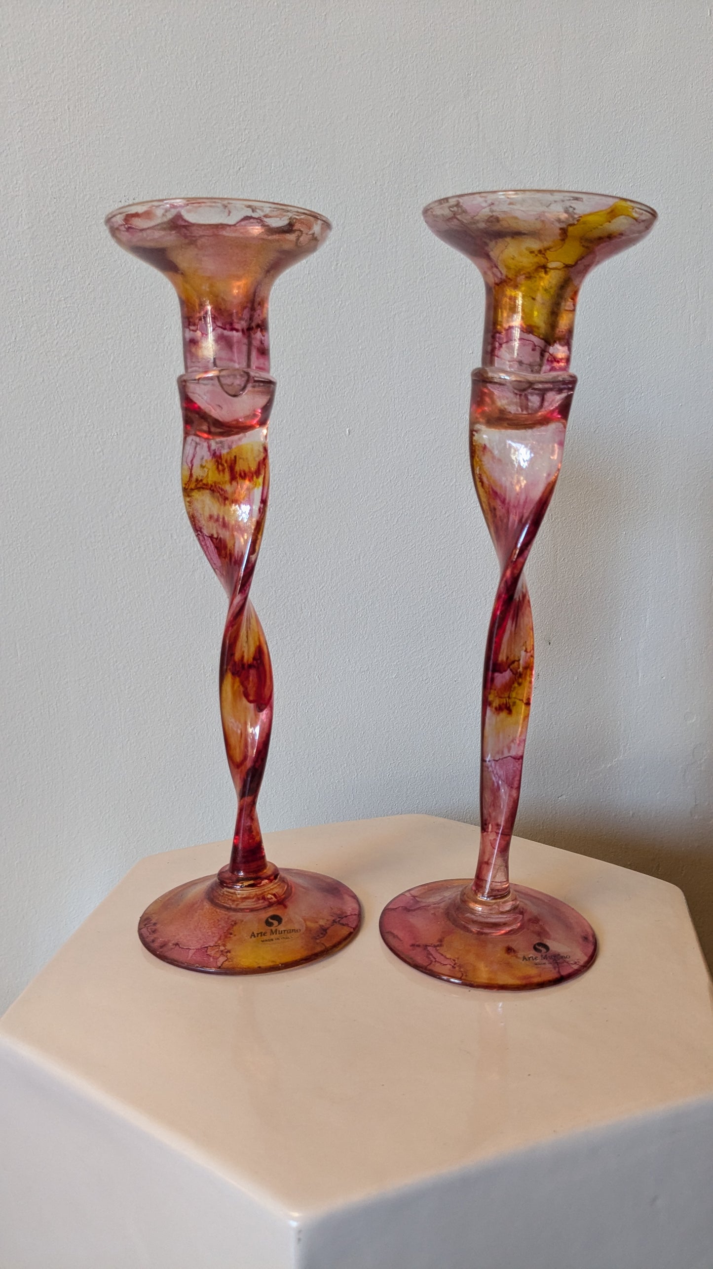 Pink and Orange Swirl Murano Glass Taper Candle Holders