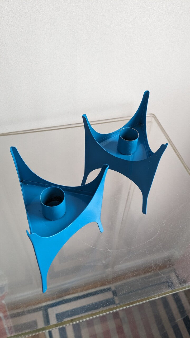 Mid Century Blue Tripod Candlestick Holders - a Pair